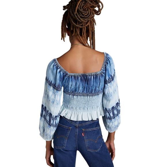 Pilcro Smocked Chambray Blouse Blue Tie-Dye Boho Off Shoulder Peasant Top XS - Picture 3 of 5